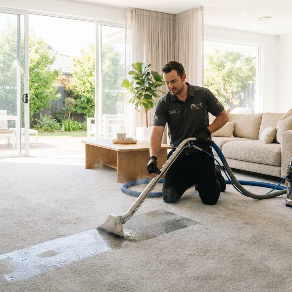 Technician deep steam cleaning a plush carpet in a bright Sydney home